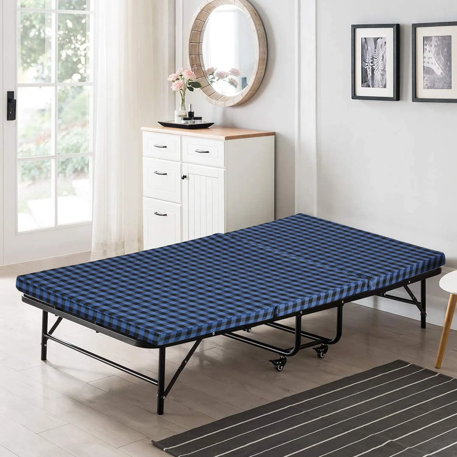 MOROFEEL 2 Inch UHD Foam Three Fold Single Bed Reversible Mattress Blue & Black (72 x 35 x 2) || Foldable Lightweight Gadda for Travel Picnic